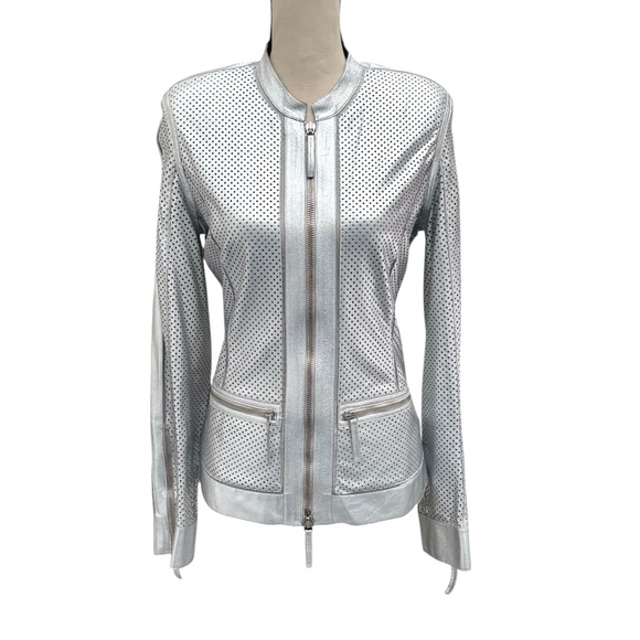 ROBERTO CAVALLI SILVER PERFORATED LEATHER FITTED FULL ZIP JACKET - WAS ALTERED - Picture 11 of 16